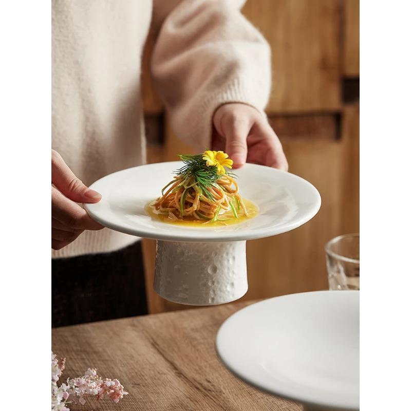 High Feet Ceramic Dinner Plates Fruit Plate White Round Salad Dessert Cake Snack Tray Decorative Plates Tableware Display Stand