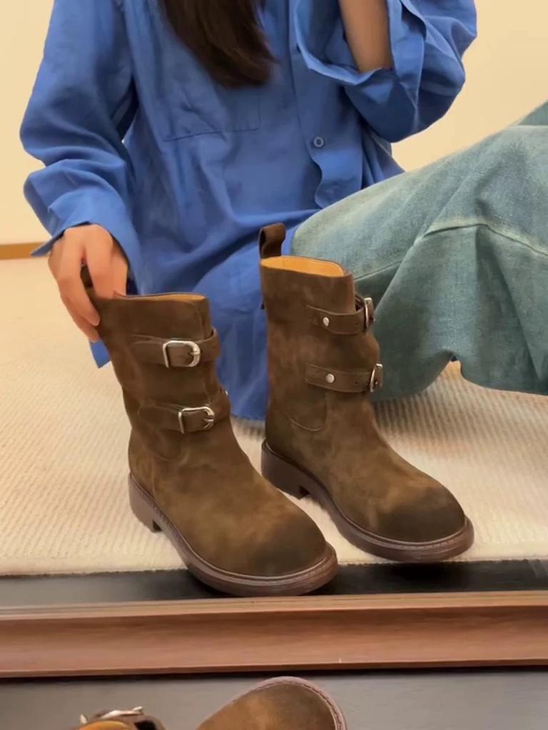 Sheepskin version~ Maillard Lazy Wind Belt Buckle Rub Color Round Head Western Cowboy Boots Women's Coarse Heel Short Boots Martin Boots