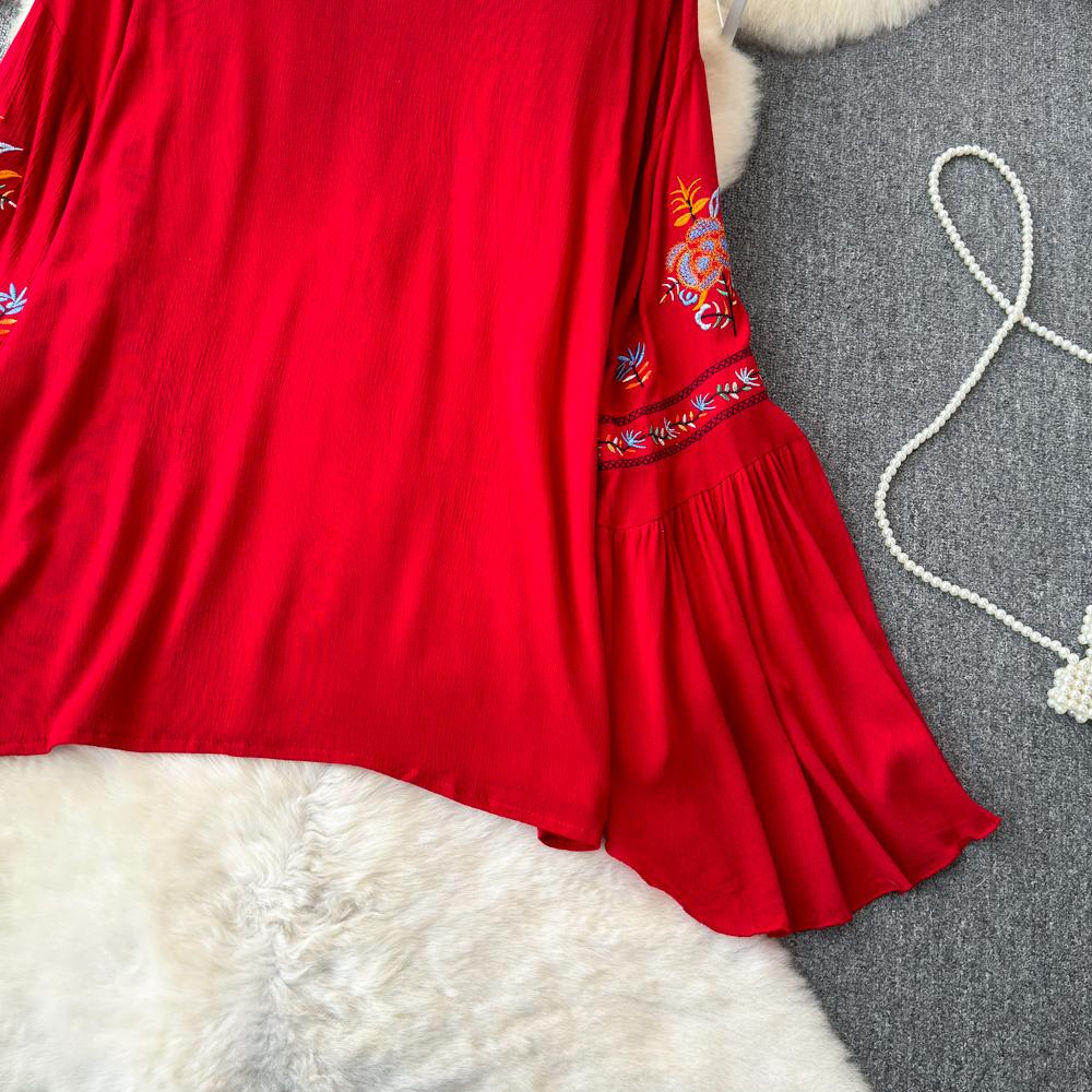 Блузки с вышивкой в богемном этническом стиле, блузка с расклешенными рукавами на шнуровке и круглым вырезом, летние топы для пляжного отдыха и отдыха