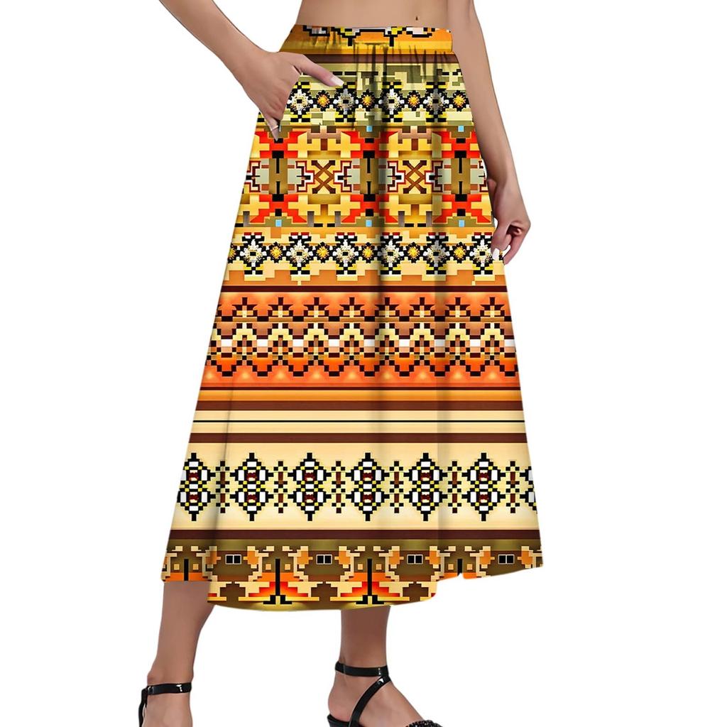 Ladies Casual Fashion Printed Skirt Elasticated Loose Pocket Pleated Half-body Skirt (With Side Pocket)