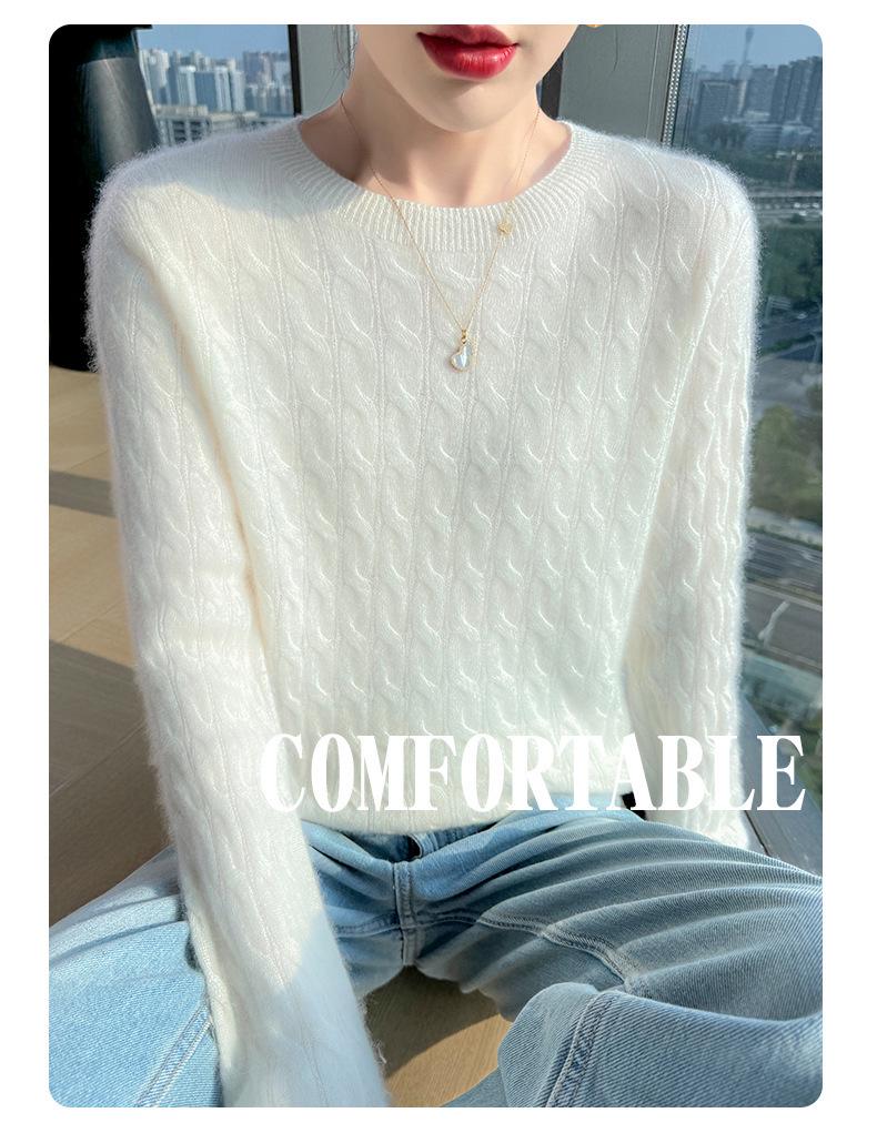 Women's Cashmere Sweater - Autumn Winter Solid Color Jacquard Round Neck Loose Knit