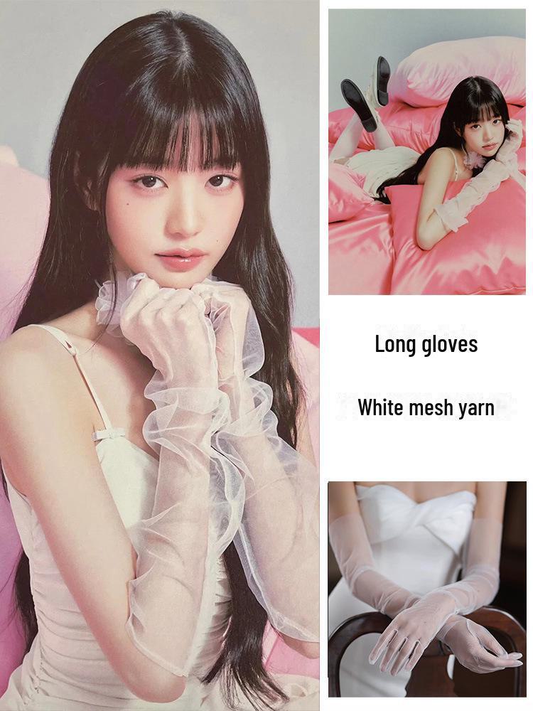 Длинные перчатки из белого атласа и кружева с бриллиантами для свадебных и торжественных фотосессий