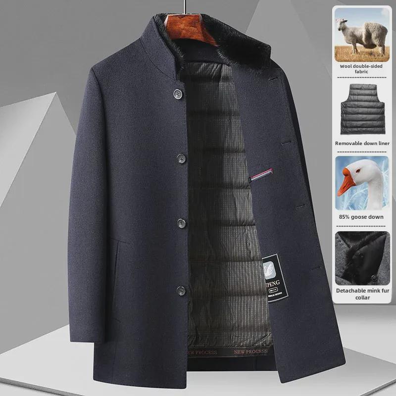 Мужское шерстяное пальто средней длины с мехом норки, съемной подкладкой из гусиного пуха и воротником-стойкой