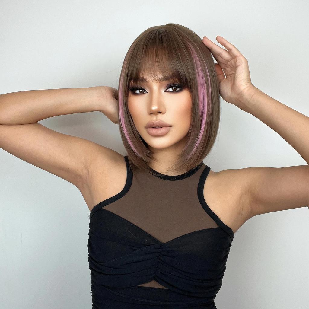 ALAN EATON Короткий коричневый парик боб для женщин, розовый парик пикабу с челкой, прямые волосы длиной до плеч, термостойкий парик