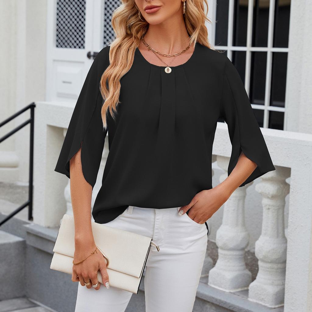 Женская однотонная блузка из шифона с круглым вырезом и рукавами до локтя свободного кроя