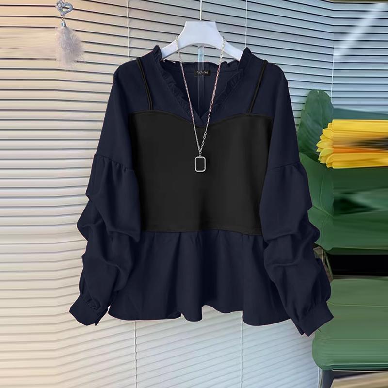 VONDA Women Casual Contrast Color Fake Two Piece V Neck Long Sleeve Blouses
