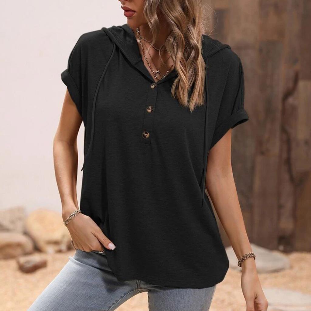 Женская мода, повседневная однотонная свободная футболка с капюшоном и шнурком, короткий рукав, топ