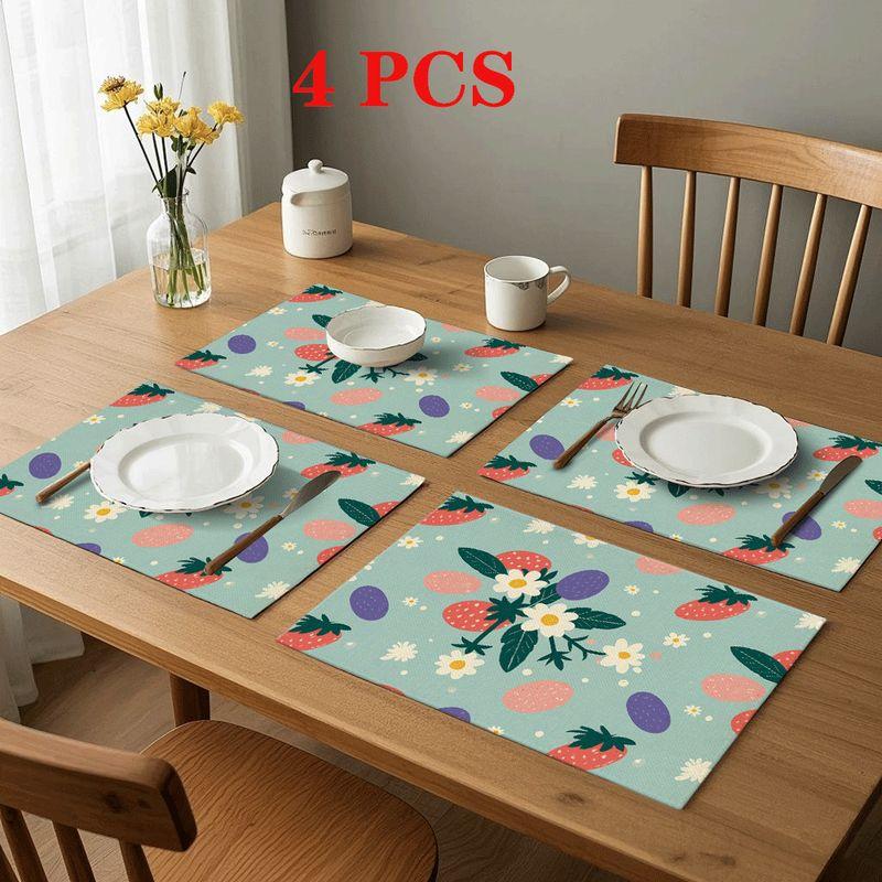 4pcs/6pcs Rectangular Placemats Suitable for Home & Restaurants - Strawberry Daisy Floral Table Mats, Heatproof Durable Table Protectors with Strawber
