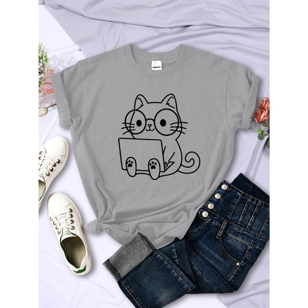 Cat Pattern Printing Women's T-shirt Personality Trend Casual Clothing Street Creative Tops Daily Fashion