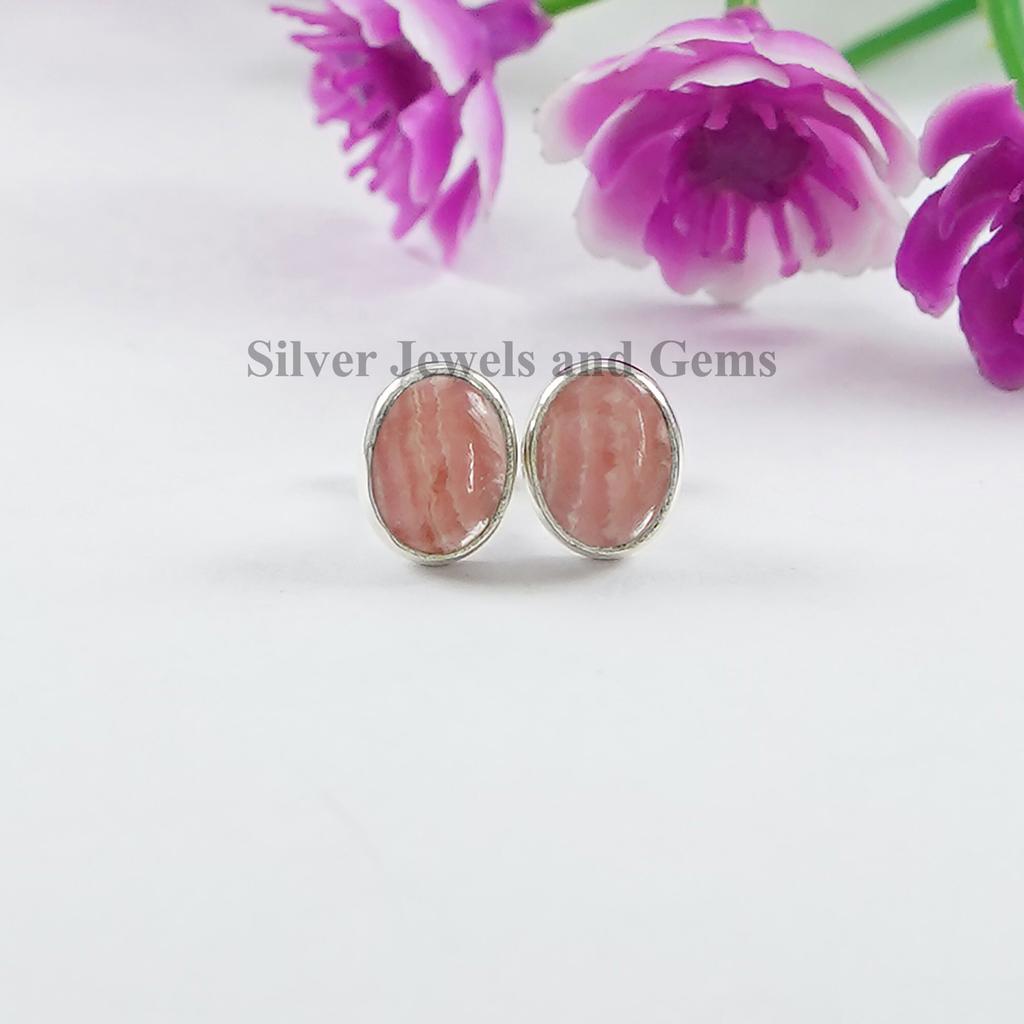 Rhodochrosite 925 Sterling Silver Stud Earrings, Oval Gemstone Studs