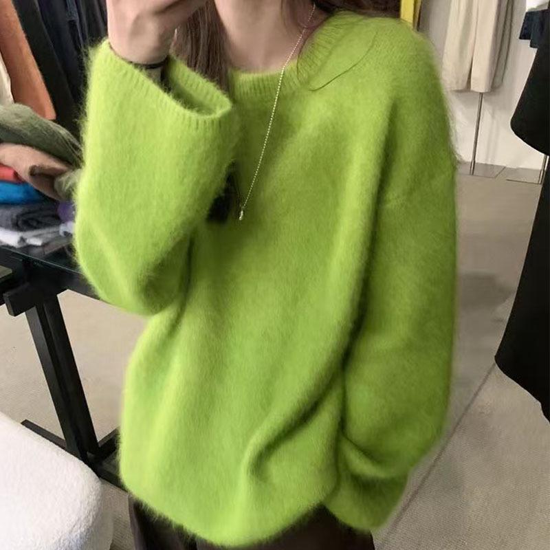Soft Milk-Toned Cucumber Green Women's Plush Sweater 2026: Cozy Loose-Fit Autumn Knit Pullover