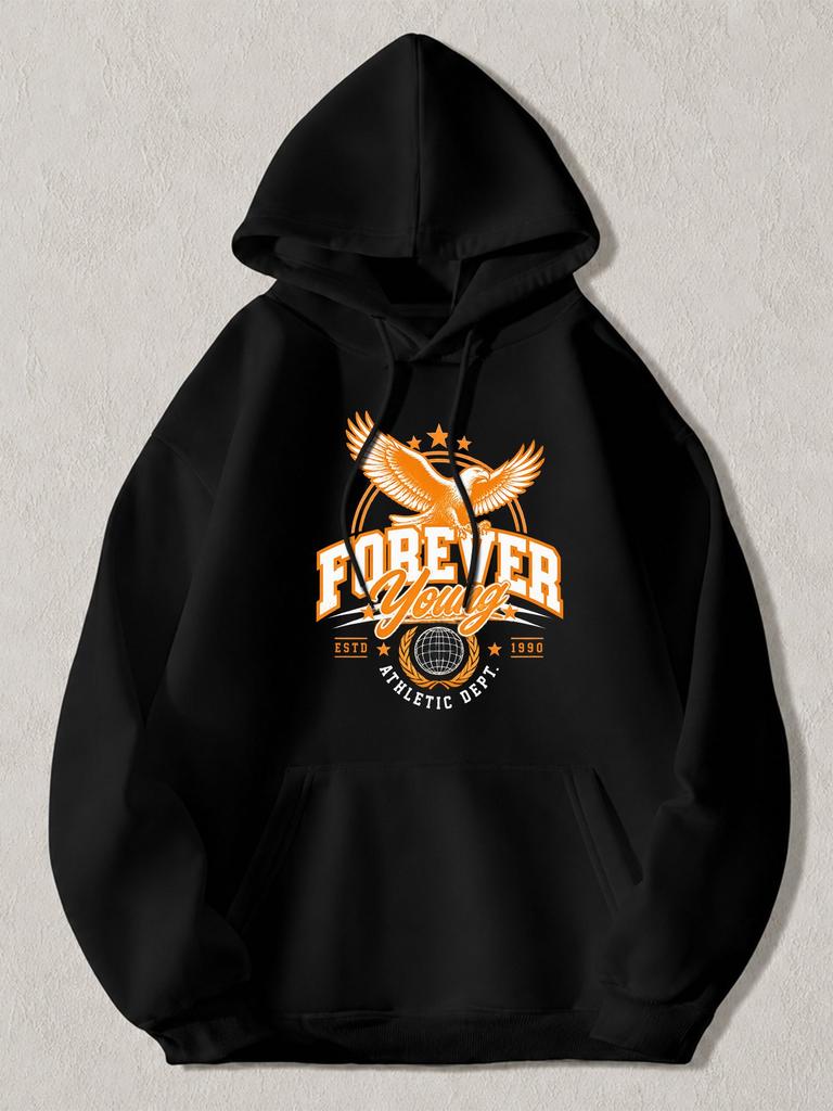 Черная толстовка с капюшоном и оранжевым принтом орла Forever Young ESTD 1990 Спортивный отдел Повседневная уличная толстовка для мужчин A