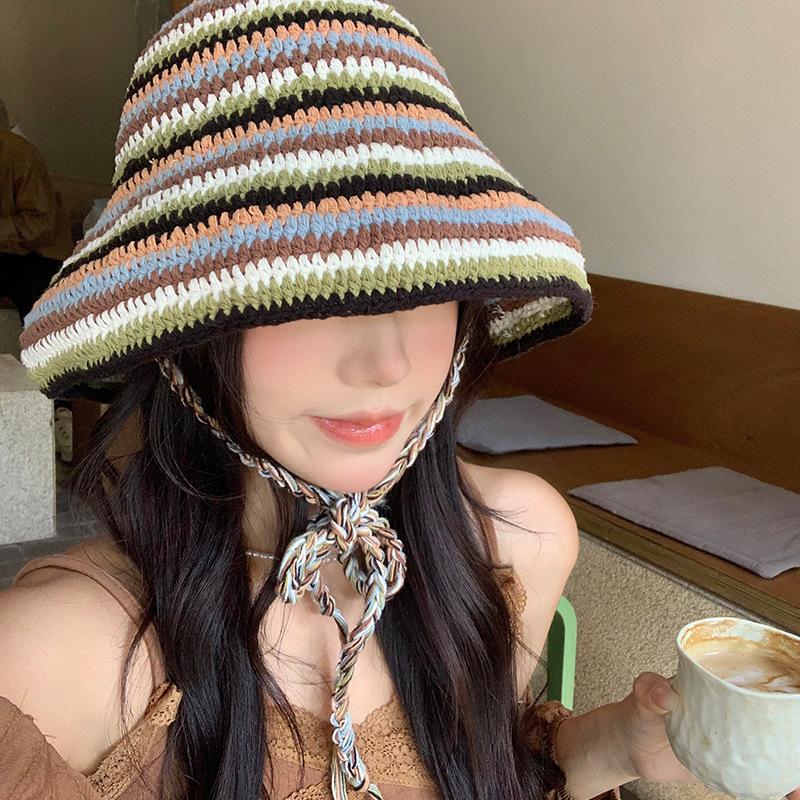 Полосатая вязаная шапка-ведро женская летняя универсальная большая окружность головы, показывающая лицо, маленькая шнурованная шапка-ведро шерстяная шапка