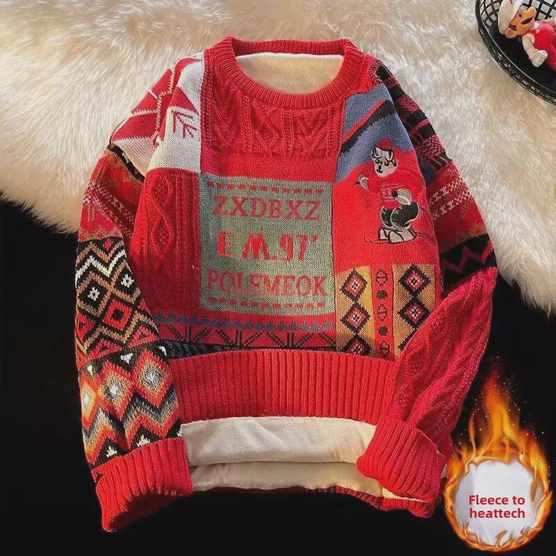 Модный новогодний красный рождественский свитер: Плюс бархатное утолщенное трикотажное пальто