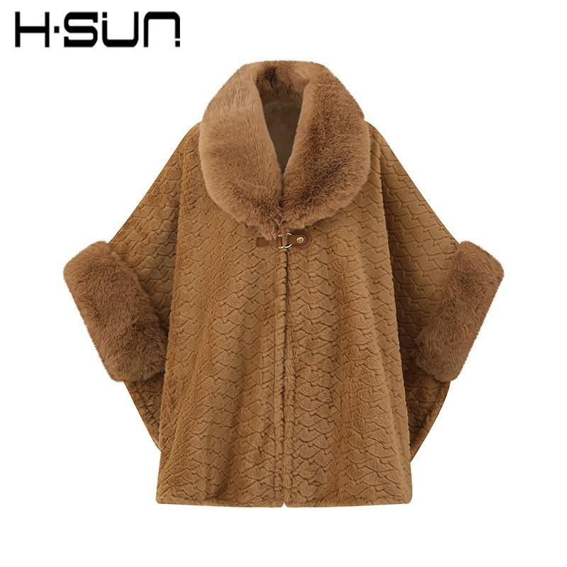 Womens Knitted Poncho Cape With Faux Rabbit Fur Trim Warm Thick Winter Outerwear Solid Color Street Style