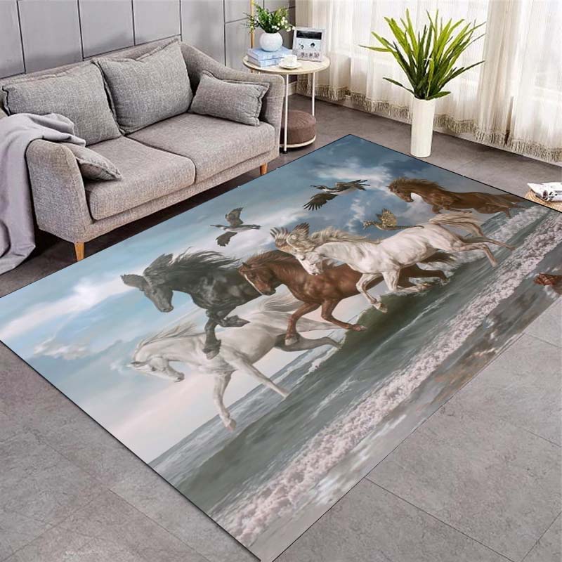 Galloping Wild Horses Area Rug, Group of Running Horses Oil Painting Print Non Slip Floor Rug for Living Room Bedroom Decor