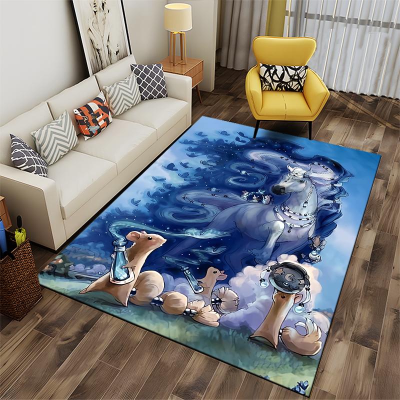"Fantasy Blue Carpet with Unicorn, Starry Sky, and Cute Animals Design" Suitable for use as an anti-slip for living room bedroom sofas