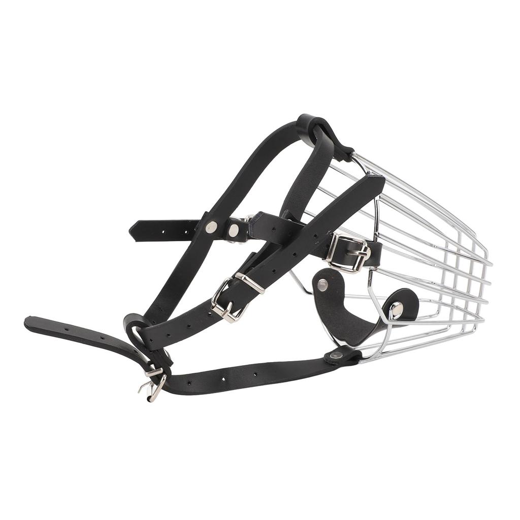 Dog Muzzle Stainless Steel Basket Leather Strap Breathable Prevent Biting Adjustable Muzzle for