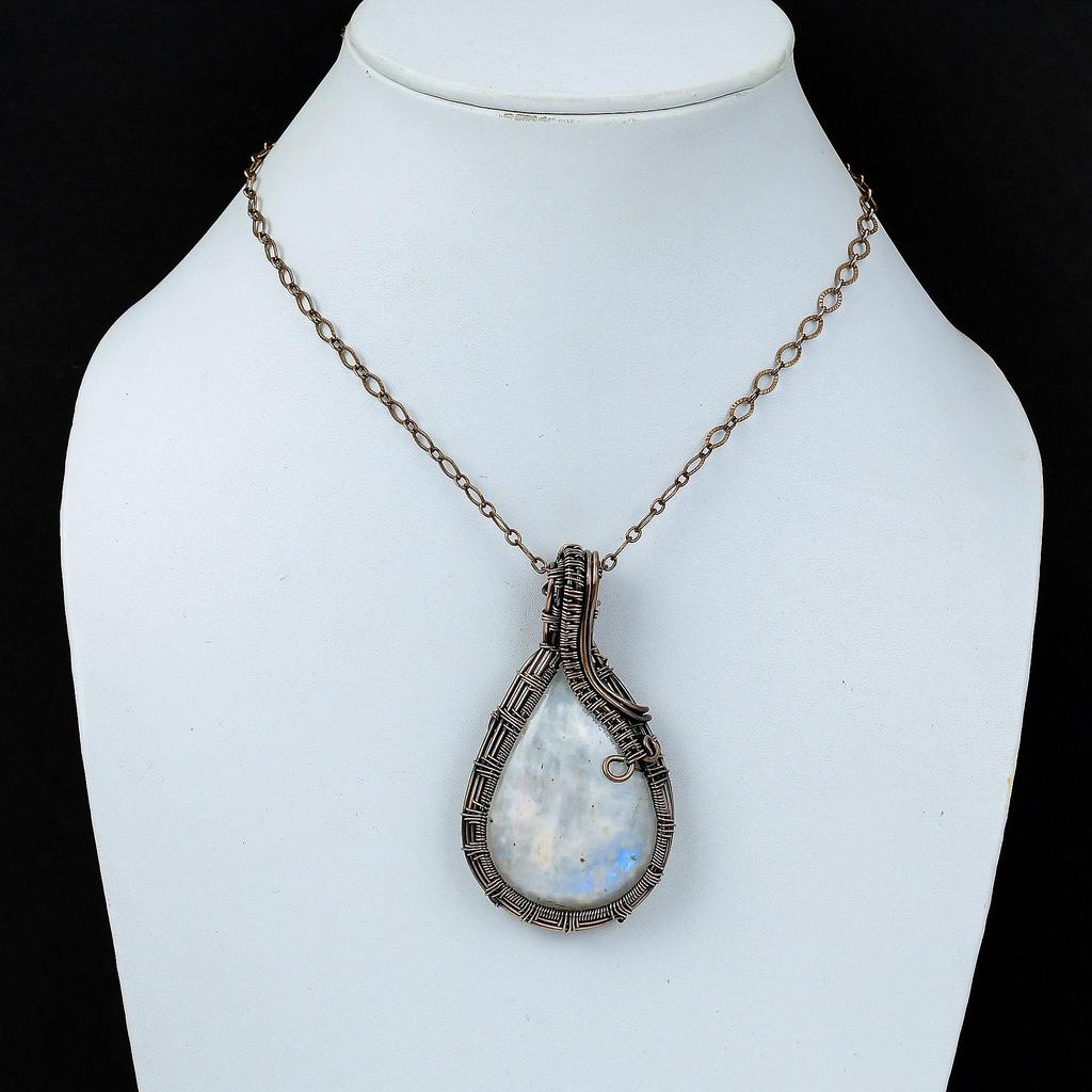 Лунный камень Драгоценный камень Чистая медная проволока Обернутая ювелирная подвеска ручной работы