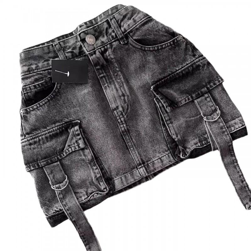 Black Gothic Y2K Mini Skirt With Inner Shorts Women Retro Harajuku Style Thin Denim Low Waist Zip Fly Hand-Painted Detail