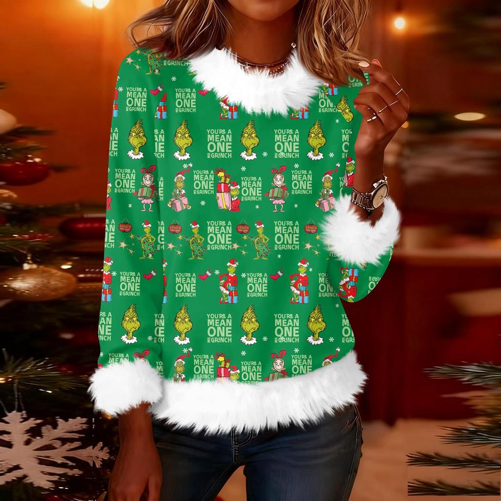 Женская модная рождественская футболка с принтом, круглым вырезом и длинными рукавами, повседневный пуловер