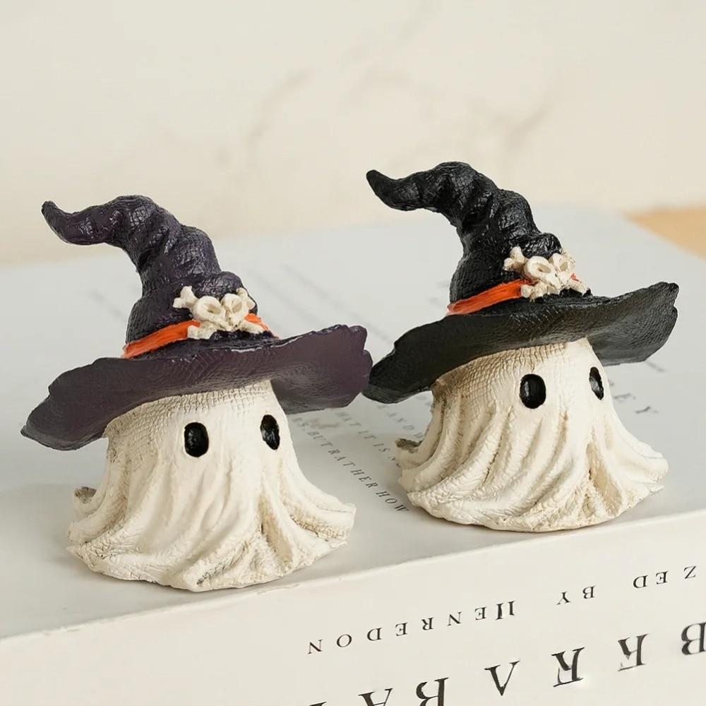 Cartoon Cute Halloween Ghost Figurine White Resin Crafts Hat Ghost Statue Handmade Halloween Ornaments Haunted House