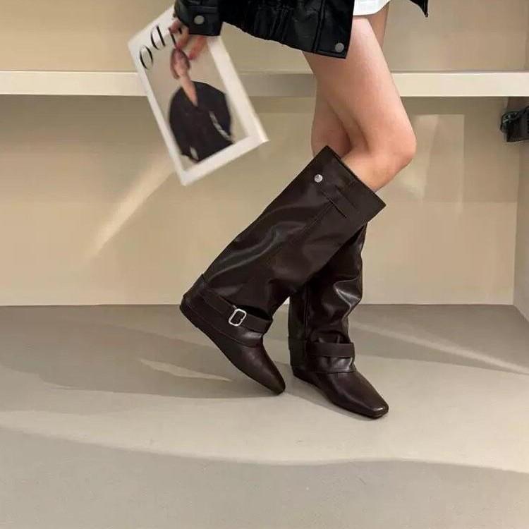 Autumn new suede square head inner heightening trouser boots women's belt buckle high tube thin fashion boots
