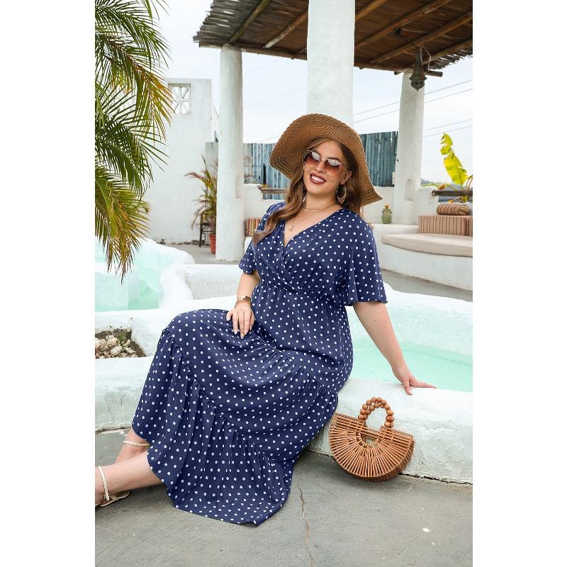 Летнее женское платье больших размеров в горошек, повседневное платье с V-образным вырезом для отпуска, элегантные свободные платья миди