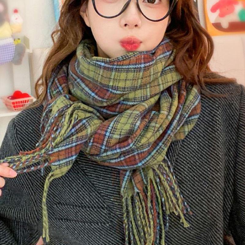 Зимний клетчатый шарф-имитация, шаль, уличный принтованный шарф средней длины, милый шарф-имитация, утолщенная теплая шаль