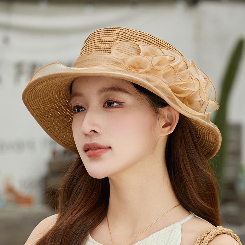 Summer new women's big eaves organza flower bucket hat seaside vacation sunshade sunscreen gauze hat shows small face