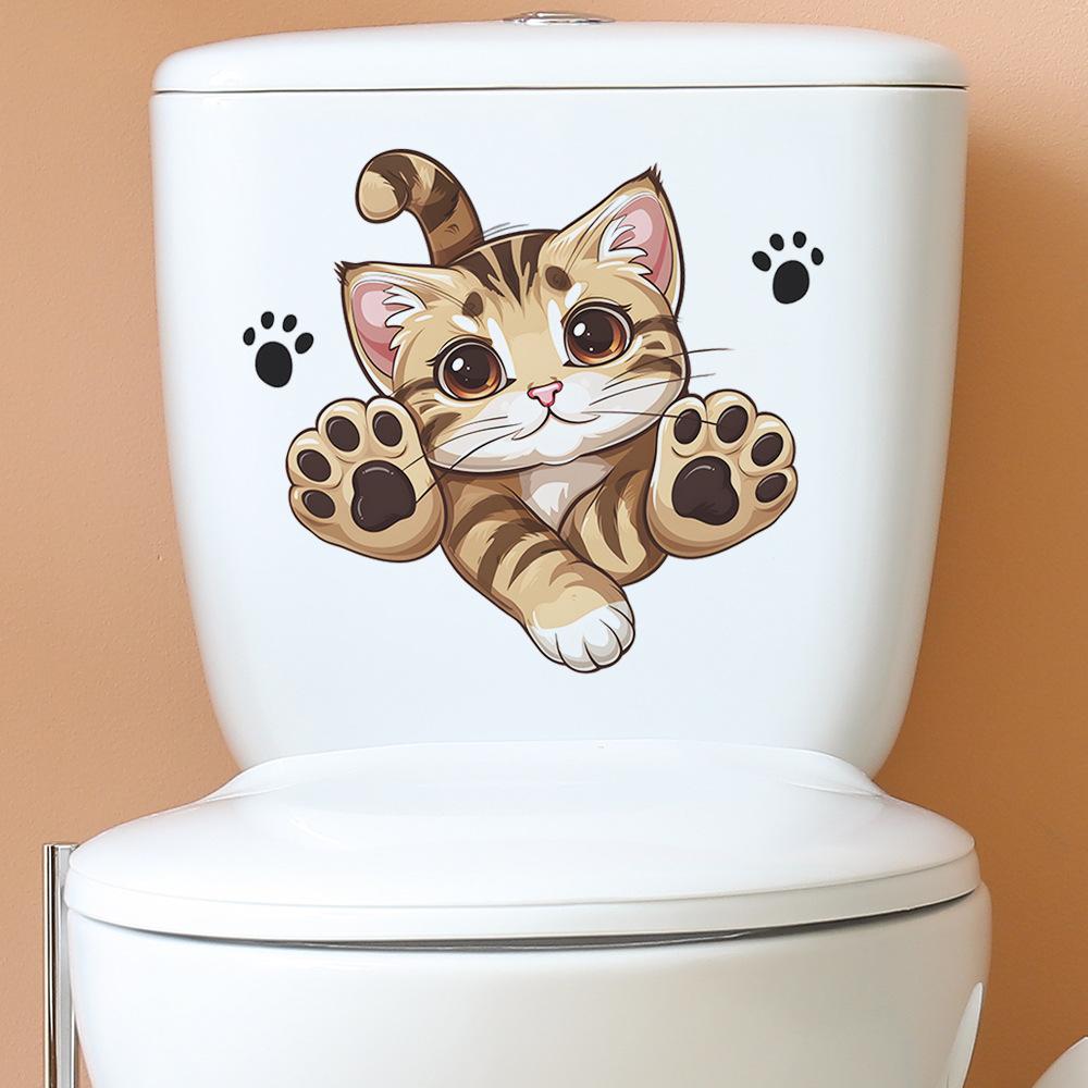 Наклейки для туалета с изображением мультяшного кота, декоративные настенные наклейки для ванной комнаты, самоклеящиеся