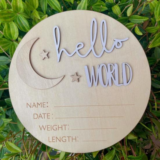 Привет, мир, новорожденный, дизайн луны и звезд, деревянная доска для объявления о рождении, табличка с именем ребенка, приветственный знак для новорожденного, декор детской комнаты, подарок на празднование рождения ребенка