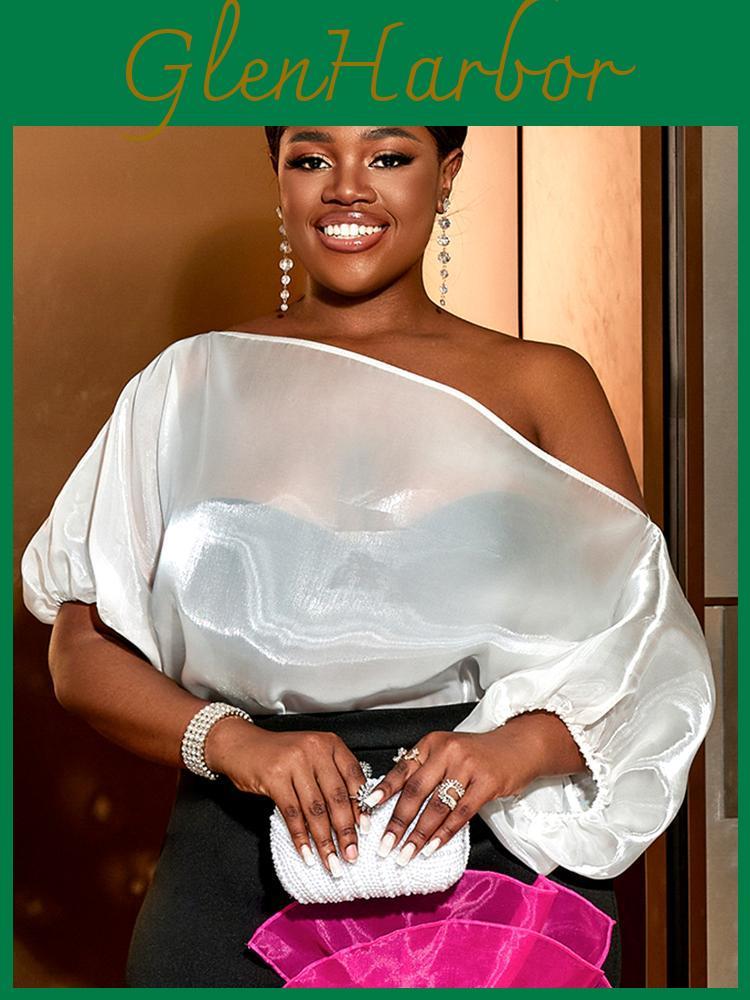 Aomei Blouses For Shirt White Women See Through Off Shoulder Skew Collar Half Batwing Sleeve Sexy Tops Autumn Fashion Large Size Ladies