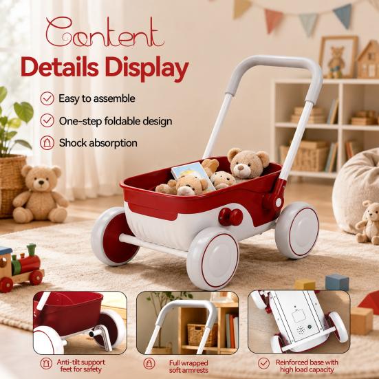 Anti-Slip Baby Walker 2-in-1 Push with Wheels, Adjustable Height, Non-Slip Grips, EVA Quiet Easy to Assemble Foldable Portable, Interactive
