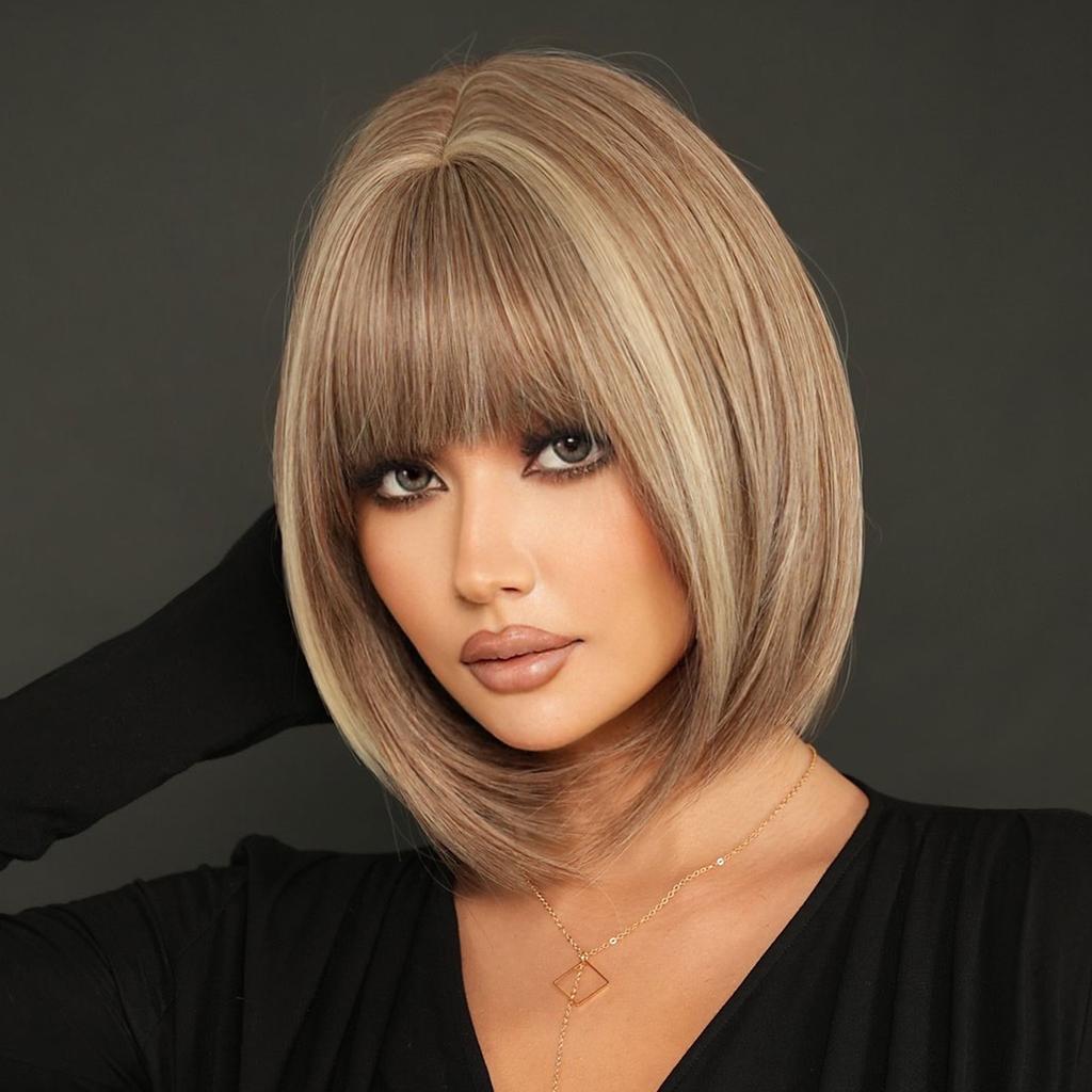 Professional WIGS Synthetic Short Straight Ash Brown Bob Wig for Women High Density Layered Highlight Blonde Hair Wigs with Neat Bangs