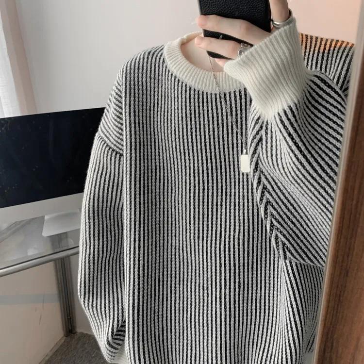 Striped Round Neck Sweater Men's Autumn and Winter Thick Sweater Loose Warm and Comfortable
