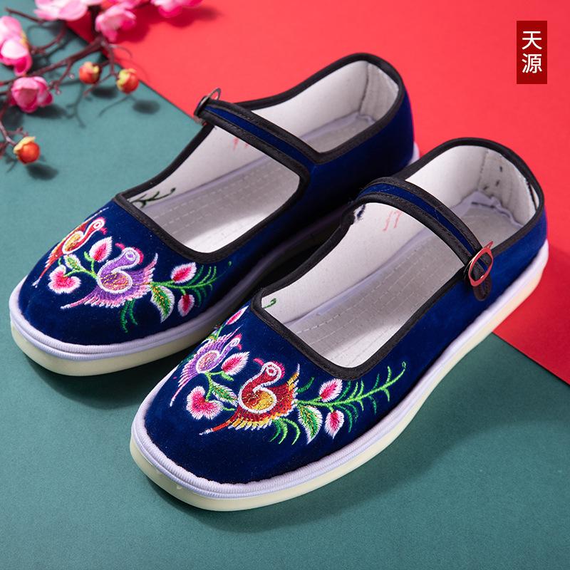 Туфли «Старый Пекин», тканевые туфли, женские туфли с вышивкой, нескользящие бабушкины туфли с одним ремешком, туфли для мам, танцевальная обувь