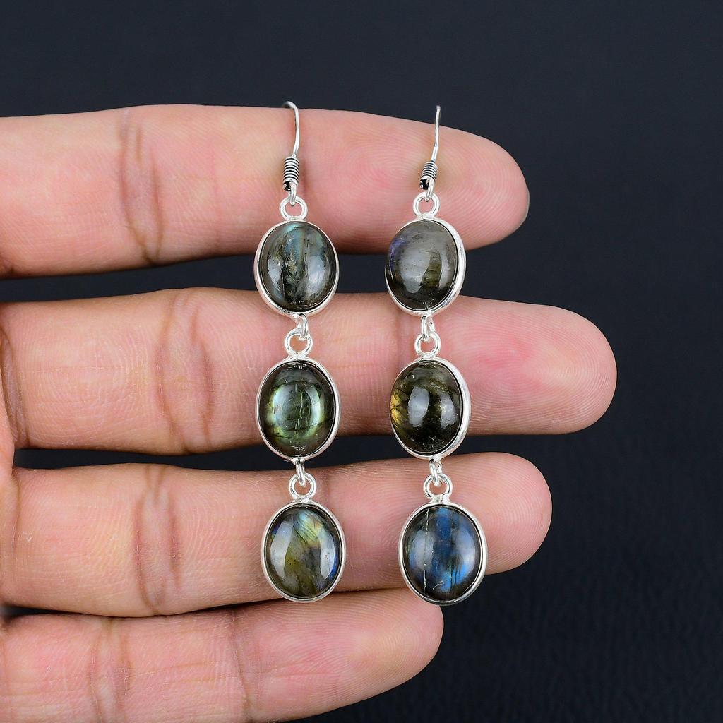 Серьги с натуральным лабрадоритом | Серебро 925 пробы | Серьги-крючки из проволоки | Серебряные серьги ручной работы с подвесками для женщин и девочек