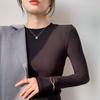 Высокоэластичная хлопковая нить с обтягивающим длинным рукавом, верхняя часть футболки на осень и зиму, новый тип плеча, маленькая круглая горловина, нижняя часть рубашки для женщин