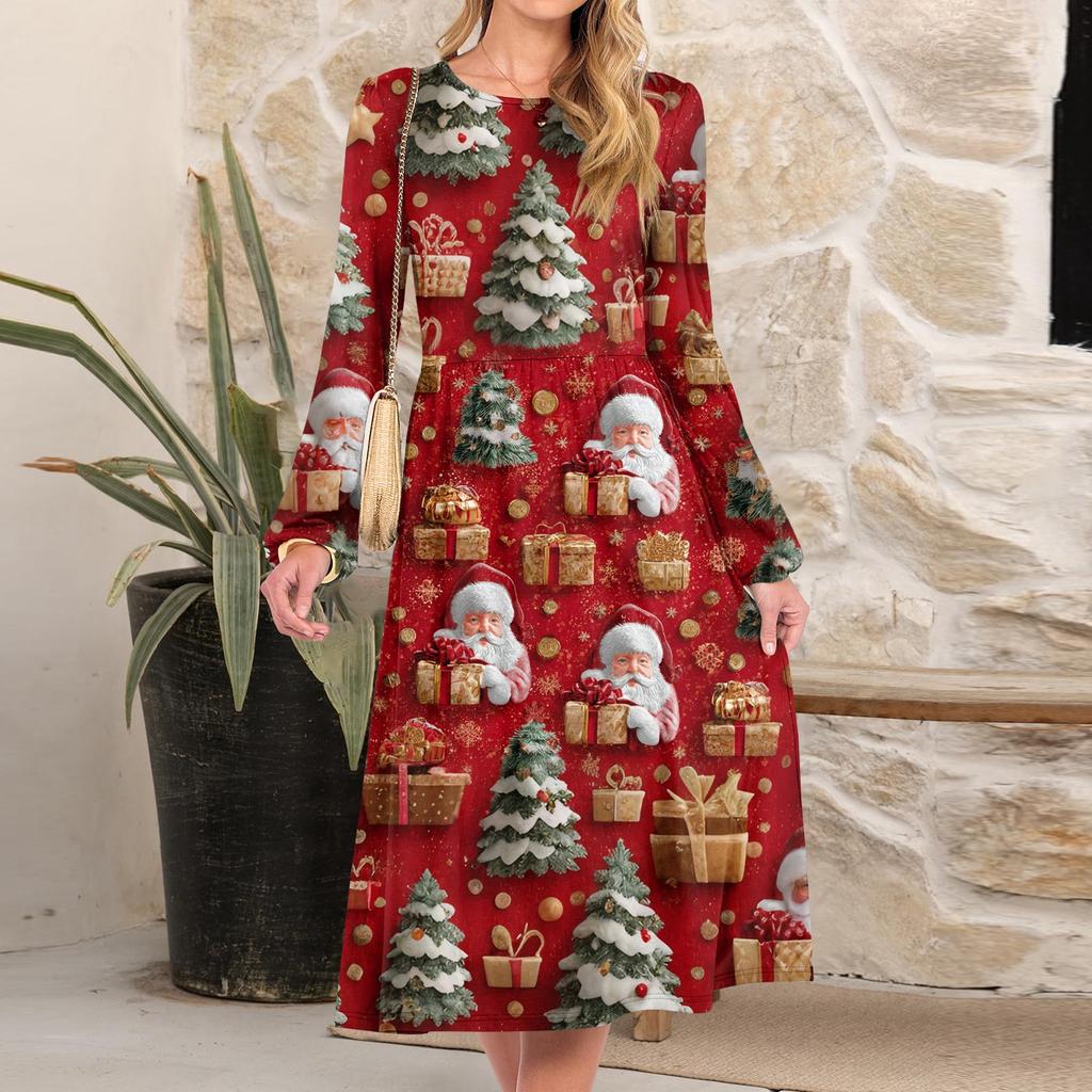 Women's Christmas Printed Fashionable Loose Round-neck Dress