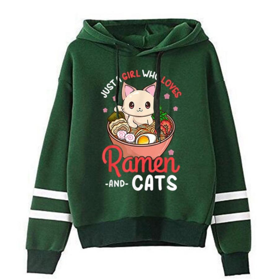 Женские/мужские толстовки с капюшоном Just A Girl Who Loves Ramen And Cats Print Hoodies Толстовка Зимняя повседневная уличная одежда Топы больших размеров