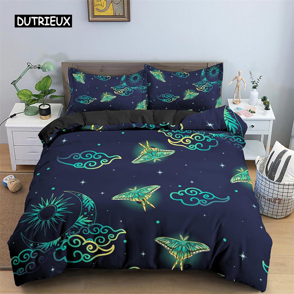 Комплект постельного белья с бабочками, полный размер King Size, хиппи, бохо, моль, пододеяльник из микрофибры, анималистичный, ботанический, психоделический, звездное небо, пододеяльник