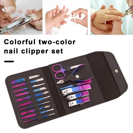 16 шт. маникюрный набор с чехлом из искусственной кожи, плоские косые кусачки для ногтей, ножницы для бровей, пилочка для чистки ушей, портативный педикюр из углеродистой стали