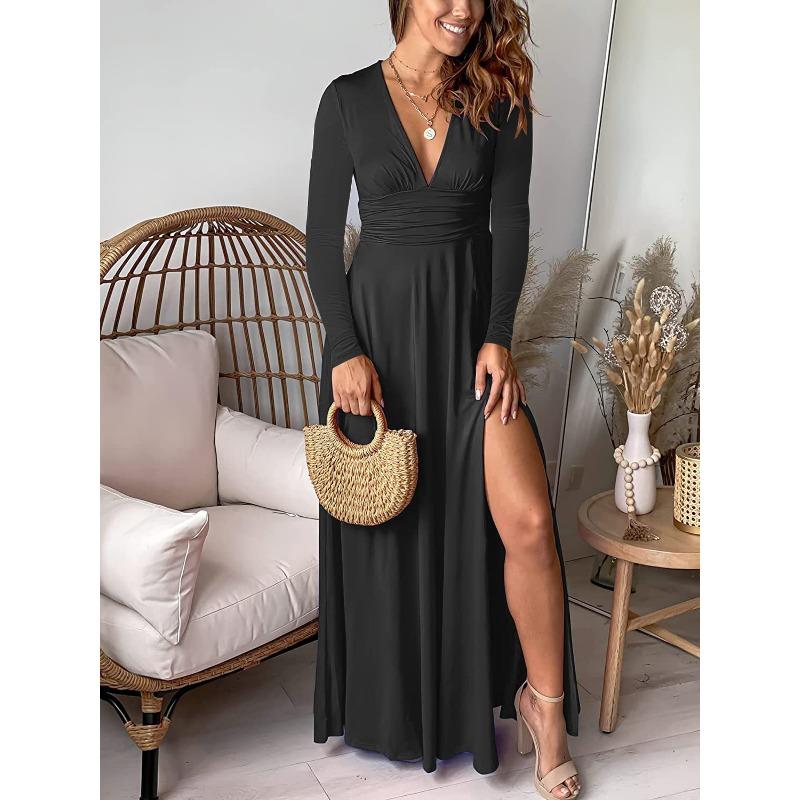 Spring and Autumn Women's Dress Deep V-Neck Long Sleeve Dress Pleated High Waist Split Party Evening Dress Solid Colour Dresses