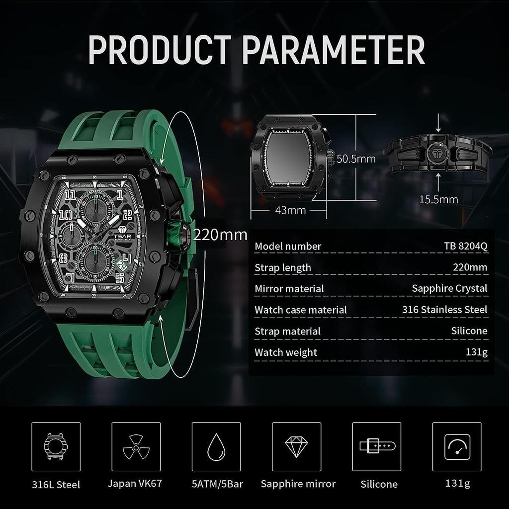 TSAR BOMBA Кварцевый Аналоговый 5 АТМ Водонепроницаемый Бочкообразный Нержавеющая Сталь Простой Большой Повседневный Спорт День Зеленый 06 Мужские Часы, Механизм, Водонепроницаемость, Форма, Корпус,