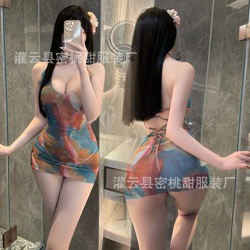 Sex lingerie thin summer neck beach swimsuit sexy deep V perspective skirt temptation