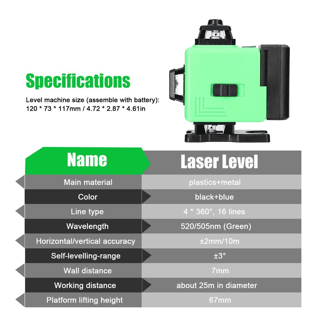 Многофункциональный 16-линейный лазерный уровень, 3 градуса, самовыравнивающаяся машина, перезаряжаемая литиевая батарея, нивелирующая машина