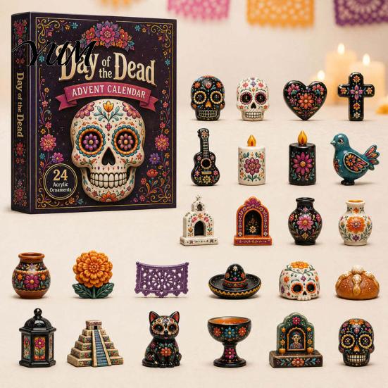 Halloween Advent Box Day of The Dead Calendar, 24-Day Acrylic Ornament Set with Calendar Skull And Marigold Designs, Tree Hanging Decor, Gift