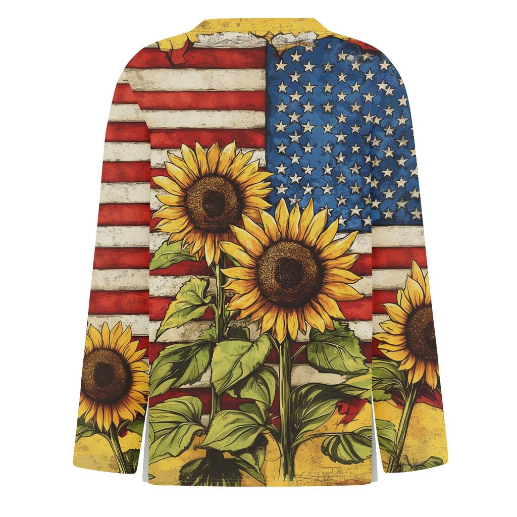 Women's Fashion Slit Hem Independence Day Printed Round Neck Long Sleeve Top