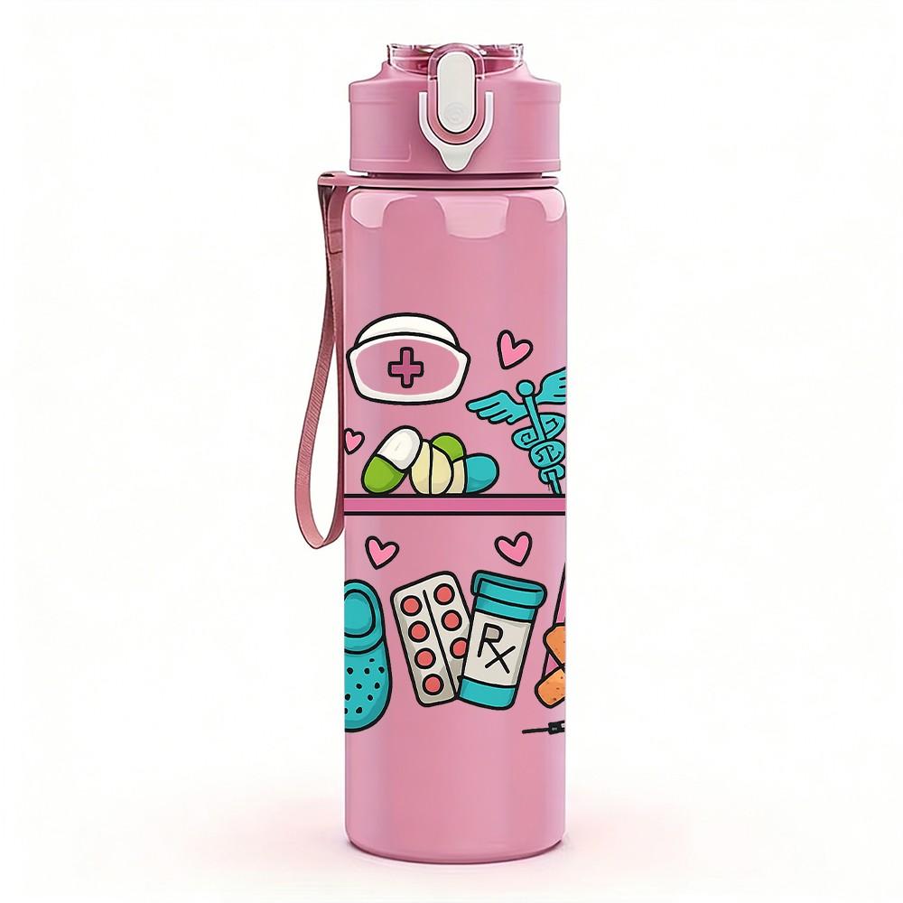 1PC Medical Tool Floral Frame Layout 750ml Color Plastic Sports Water Bottle Leakproof Flip Straw Lid For Sports Office Home Use
